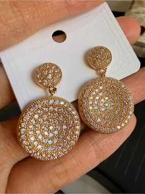 Gold Pave Round Drop Earrings - Sparkling Crystal Disc